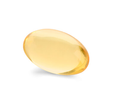 Single yellow softgel capsule on white background