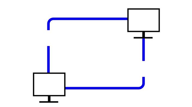 Minimalist animation of two desktop computers connected by a continuous blue data flow loop on a white background, representing networking.