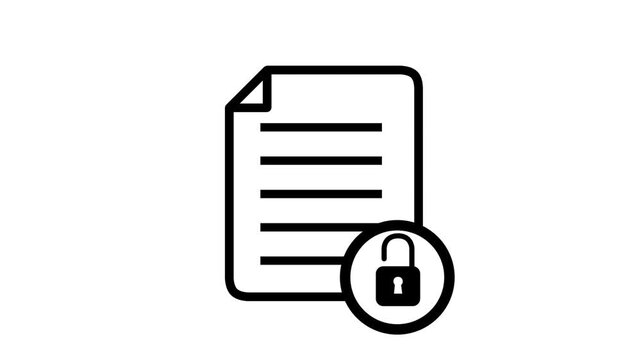 Line art animation of a document file getting filled with text and then secured with a padlock, set on a white background.