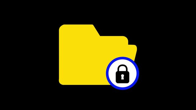 Animated yellow folder icon on a black background being locked with a padlock, symbolizing secure data storage and privacy.