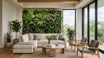 Fototapeta premium Modern living room with a large green wall and comfortable furniture
