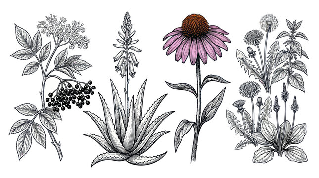 Botanical collection of medicinal herbs with aloe and echinacea