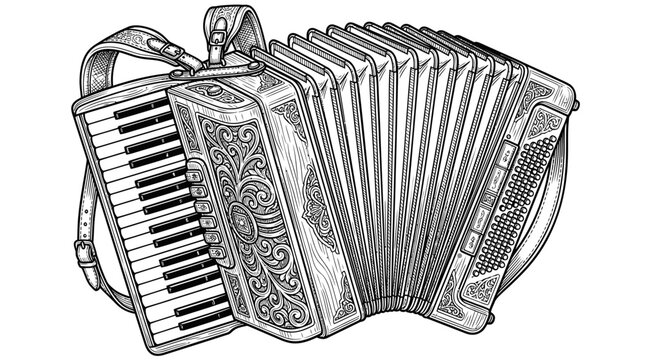 Ornate classical accordion with intricate floral engravings and straps