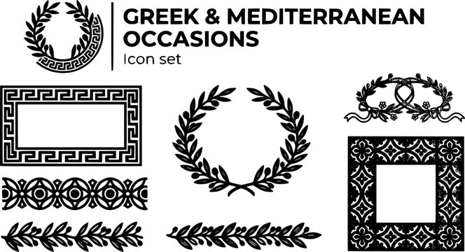 Greek and Mediterranean Occasions Laser Cut SVG Template Set with Greek Key Meander, Olive Branch Wreath and Evil Eye Symbol Frames, Gold Editable Vector, 6 Designs