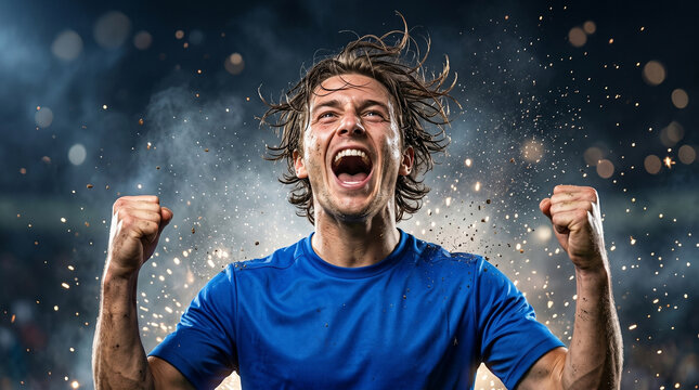 Excited Male Soccer Player Celebrating Victory with Raised Fists in Stadium