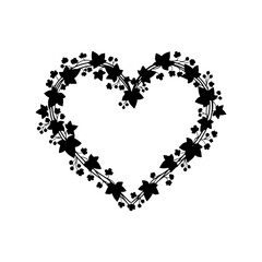 Fototapeta premium Heart shaped ivy wreath silhouette isolated on white background.