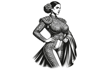 Obraz premium Vintage Engraving Woodcut Illustration of Beautiful Woman in Highly Detailed Matador Bullfighter Costume