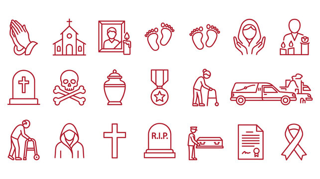 Funeral service and mourning theme line icons for burial and memorial vector illustration.