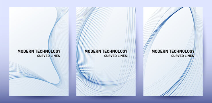 Modern Technology Curved Lines Abstract Blue Wave Background Poster Template Set