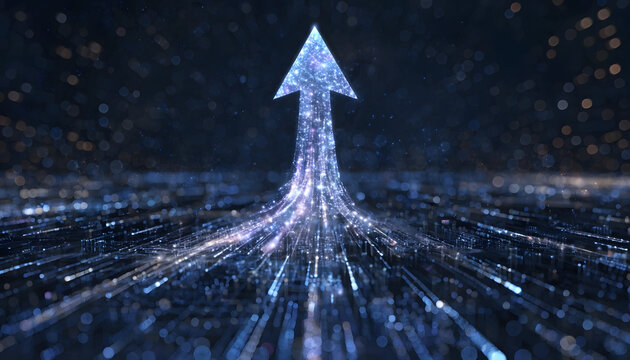 Abstract digital arrow pointing upwards, representing growth, success, and technological advancement, composed of glowing particles and data streams