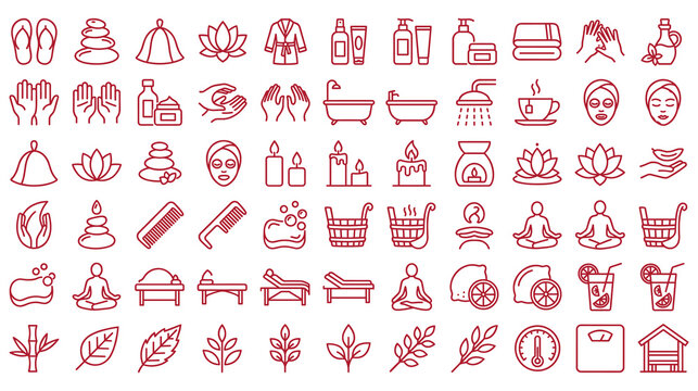 Spa and relaxation line icons set in red color for wellness and beauty designs.