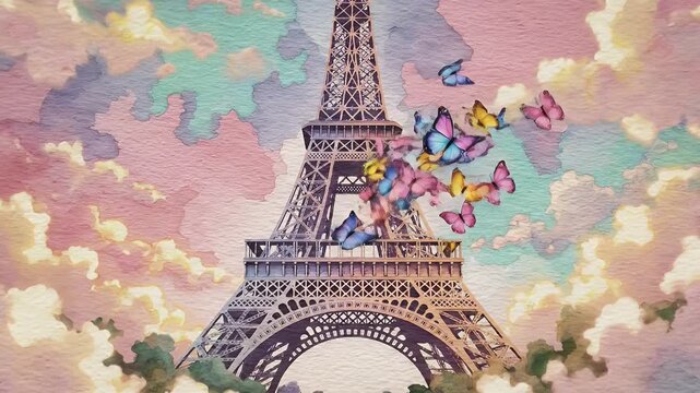 Dreamy pastel sky over the Eiffel Tower in a vintage painted sunset