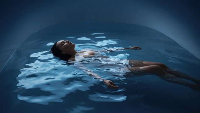 Serenity woman water floating relaxation spa wellness calm peaceful night female bath sensual blue beauty skin reflection ripple body tranquility leisure treatment self care meditation therapy