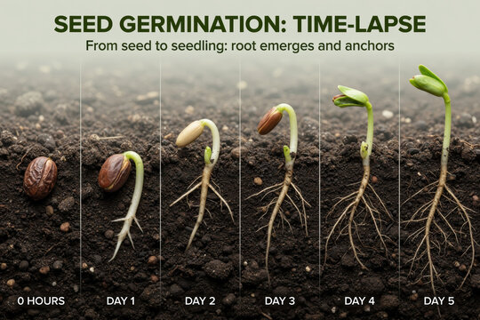 Seed germination time lapse plant growth seedling root system soil agriculture farming biology education timeline botany life cycle sprout development nature ecology garden horticulture