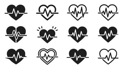 A set of heart icons featuring electrocardiogram readings in various geometric shapes and styles, creating a visually striking and harmonious pattern. © FOOTAGE BUSSINES