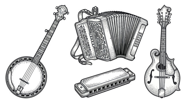 Acoustic folk music instruments set featuring banjo and accordion