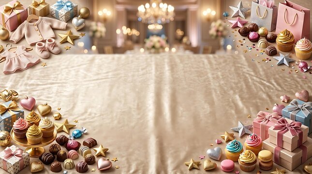Elegant birthday background with sweets gifts and baby clothes
