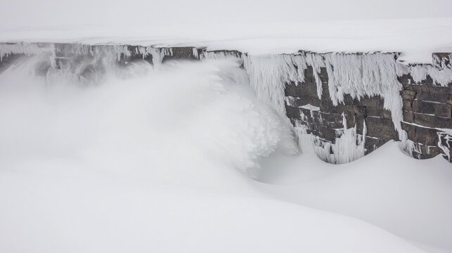 Icy waterfall cascading over a snow-covered cliff face.