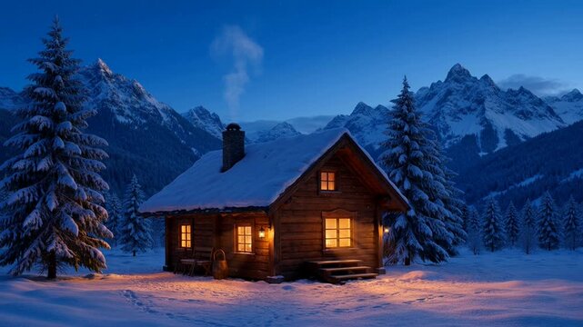 Cozy rustic wooden log cabin nestled in snowy alpine landscape at twilight with glowing warm windows and smoke rising from