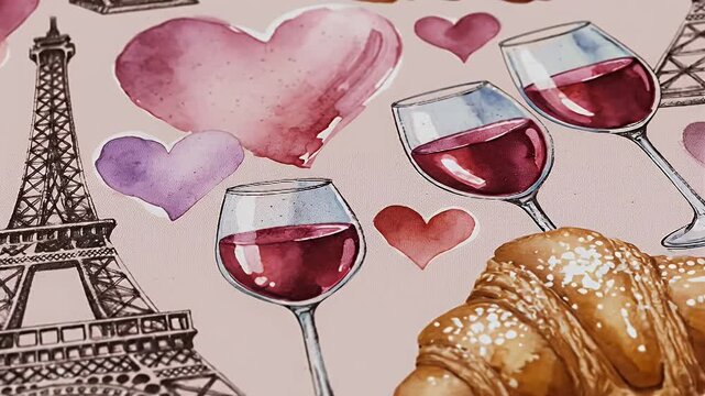 Eiffel Tower Sketch Amid Croissants, Hearts, and Wine in a Parisian Romance Theme