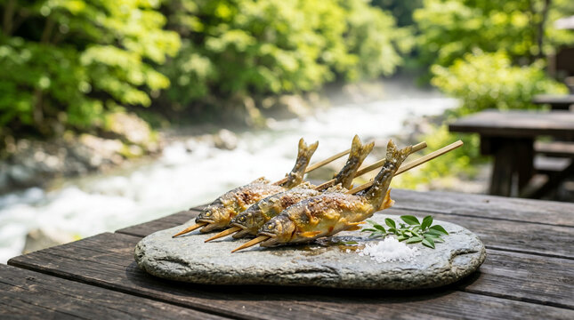Grilled sweetfish (Ayu) with salt served on a flat stone at a river bank, traditional Japanese summer cuisine