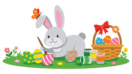 Fototapeta premium Easter bunny painting colorful eggs in garden with spring flowers butterfly and gift basket.