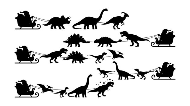 Collection of black silhouette dinosaur and Santa Claus in sleigh illustrations suggesting a festive and prehistoric winter theme christmas holiday celebration fantasy t rex