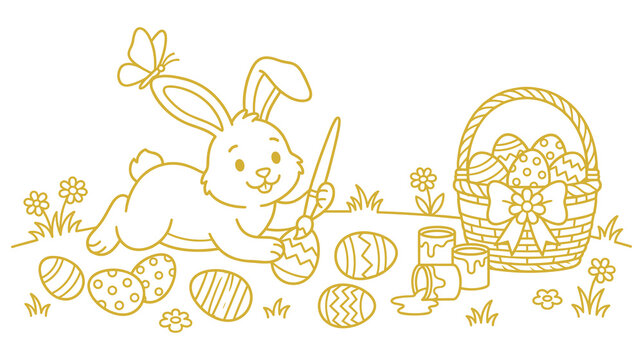 Cute easter bunny painting eggs in garden with basket and butterfly linear illustration.