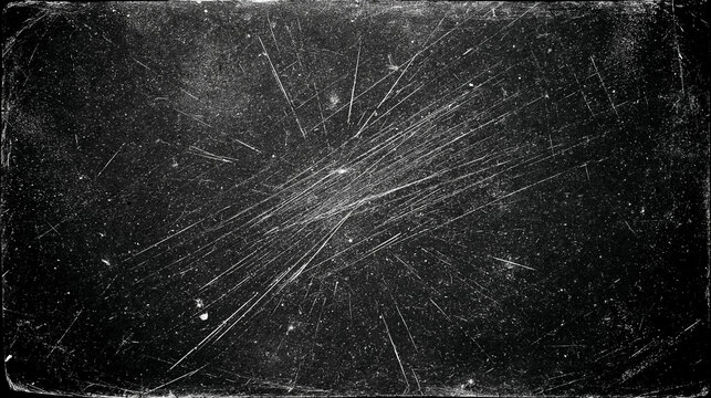 Textura de overlay grunge com arranh&otilde;es brancos intensos e poeira sobre fundo preto para efeito de filme vintage.