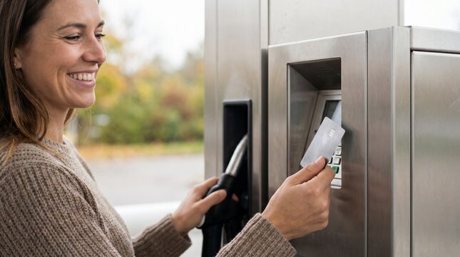 Woman smiling while inserting credit card into gas pump payment terminal