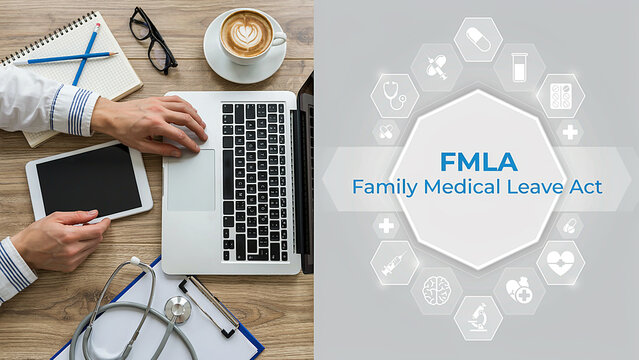 Professional workspace with a laptop and stethoscope next to a conceptual graphic explaining the Family Medical Leave Act benefits