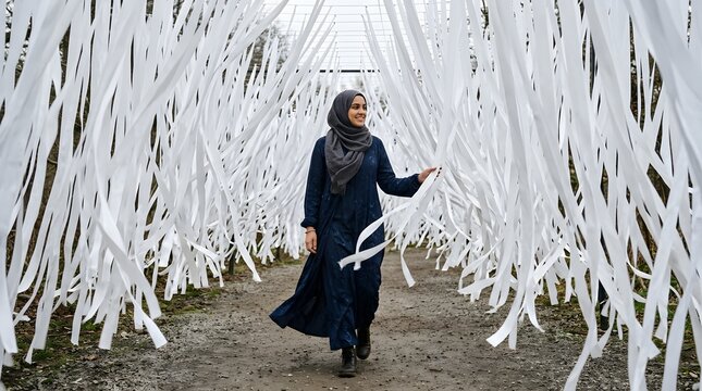 Woman Walking Through White Ribbon Tunnel Art Installation.