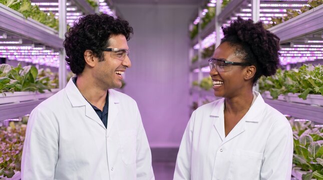 Diverse scientists smiling in vertical farm with LED grow lights