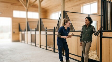 Fototapeta premium Two women laughing in a modern horse stable with wooden stalls