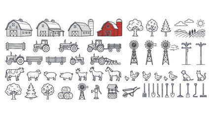 Farm icons including barns tractors livestock and gardening tools © Biru