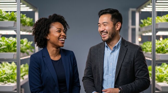 Diverse business partners laughing in a vertical farm setting