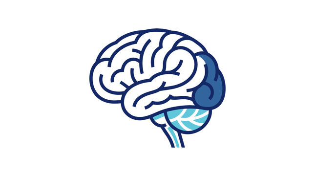 Minimalist blue line art icon of a human brain on white background symbolizing intelligence and mental health