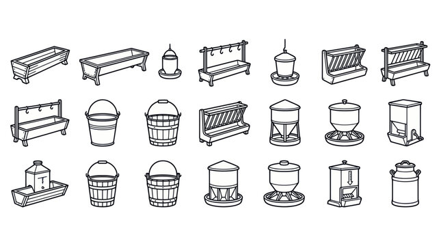 Collection of livestock feeding and watering equipment icons