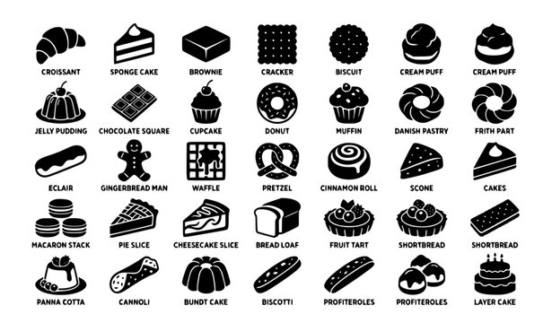 Bakery and Pastry Solid Glyph Icon Set Featuring Croissant, Cakes, Donuts, Cupcakes, Macarons, Bread Loaf, and Sweet Dessert Vectors with Text Labels