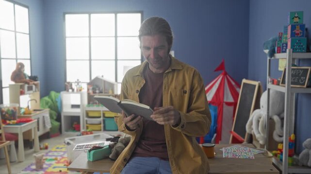 Man reading book and pointing finger to page, bare hand visible, seated on a table edge in colorful preschool building playroom with toys, tent and chalkboard; concentration.