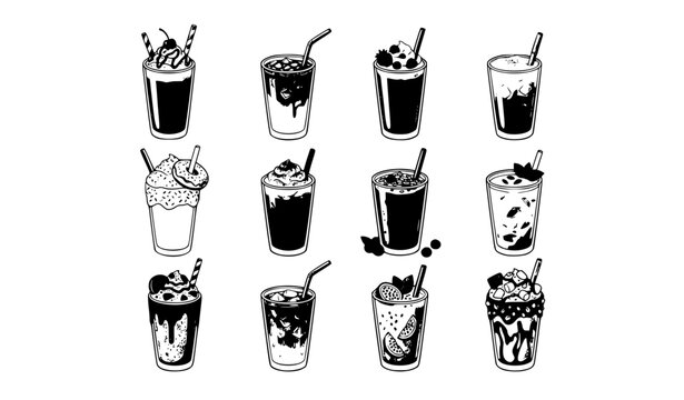 Cold Drink and Milkshake Icon Set with Iced Coffee, Smoothies, Frappes, and Summer Beverages for Cafe Menu and Graphic Designs