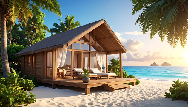 Exotic wooden bungalow on a pristine tropical beach at sunset, oceanfront vacation home, paradise getaway