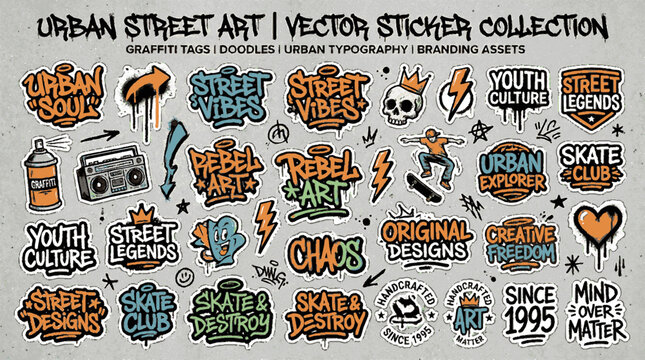 Urban street art vector sticker collection with graffiti tags