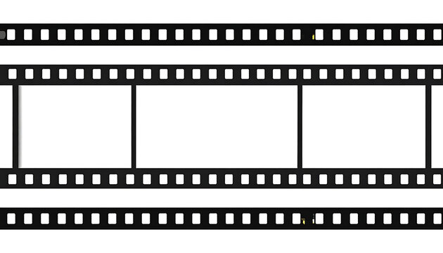 Film strip with three empty frames, perforation details, cinematic reel border, motion picture background