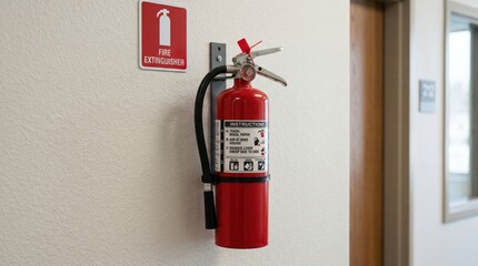 Obraz premium Red fire extinguisher mounted on a white wall with a location sign. Emergency safety equipment in an office building hallway. Workplace hazard prevention and fire code compliance