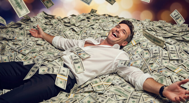 Excited man lying on a huge pile of money with dollar bills raining down. Happy successful businessman celebrating wealth and financial freedom