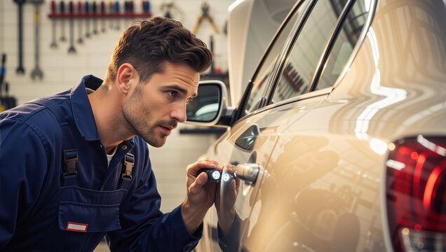 Professional male mechanic inspecting car bodywork with a flashlight in a garage. Auto service technician checking vehicle paint for scratches or defects