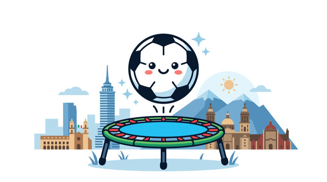 Happy Soccer Ball Character Playing Trampoline Over Mexico City Skyline Vector Illustration jumping cartoon lines digital playful flat design geometric