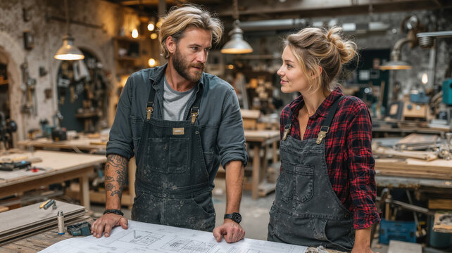 Team of carpenters discussing blueprints in a workshop. Man and woman renovation experts planning a project. Professional woodworkers looking at architectural plans