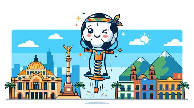 Cheerful Indigenous Skater Character Jumping Over Mexican Landmarks in Vibrant Vector Illustration Style mexico cartoon lines clean digital aesthetics colorful